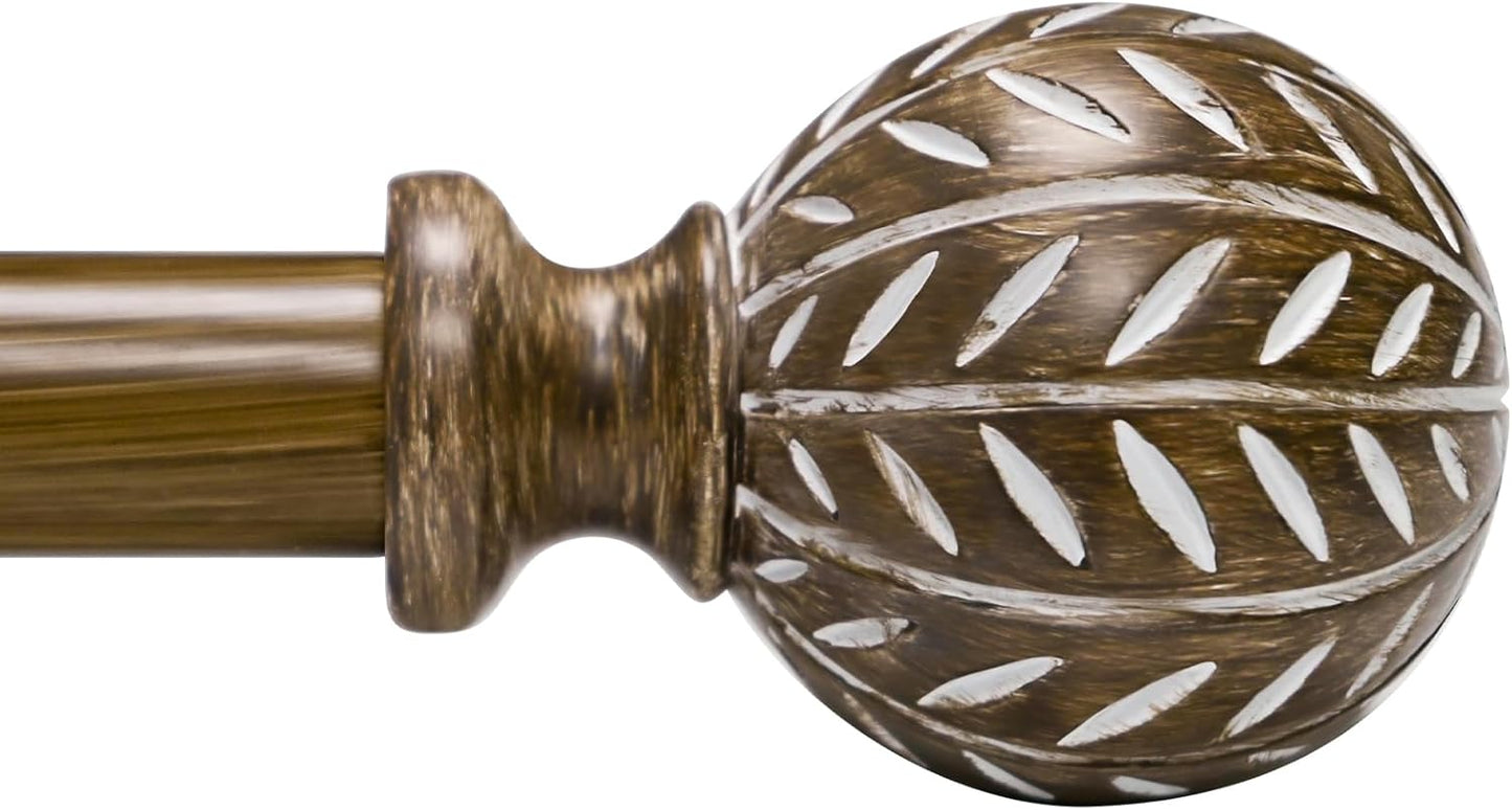 Boho Wooden Curtain Rods for Windows 66 to 120 Inches(5.5-10ft), Adjustable Heavy Duty 1" Diameter Drapery Rod with Imitation Wood-Grain Leaf-Pattern Finials - for Living Room & Bedroom，36-120''