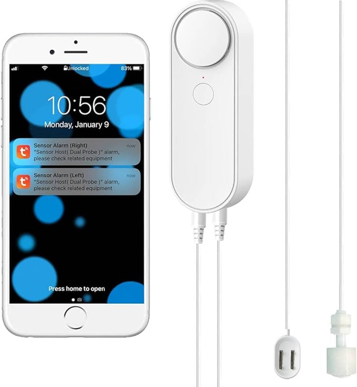 WiFi Water Leak / Water Level 2 in 1 Detector, Smart Water Sensor Alarms, Detached 16.4FT Dual Detection Line, Left and Right Dual Alarms, Remote App Monitoring, Dual Alerts, AAA Battery Powered