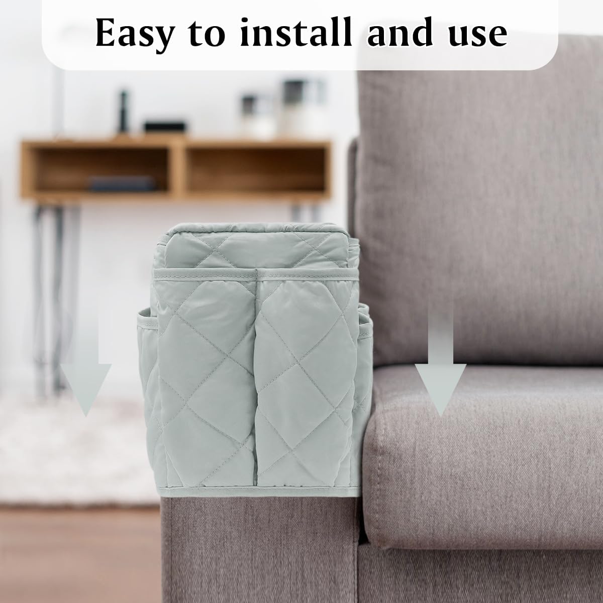 Remote Control Holder, Non Slip Bedside Armchair Caddy, Recliner Arm Caddy Armrest Organizer with 14 Pockets for Cell Phone TV Remote Control Magazines, Light Gray