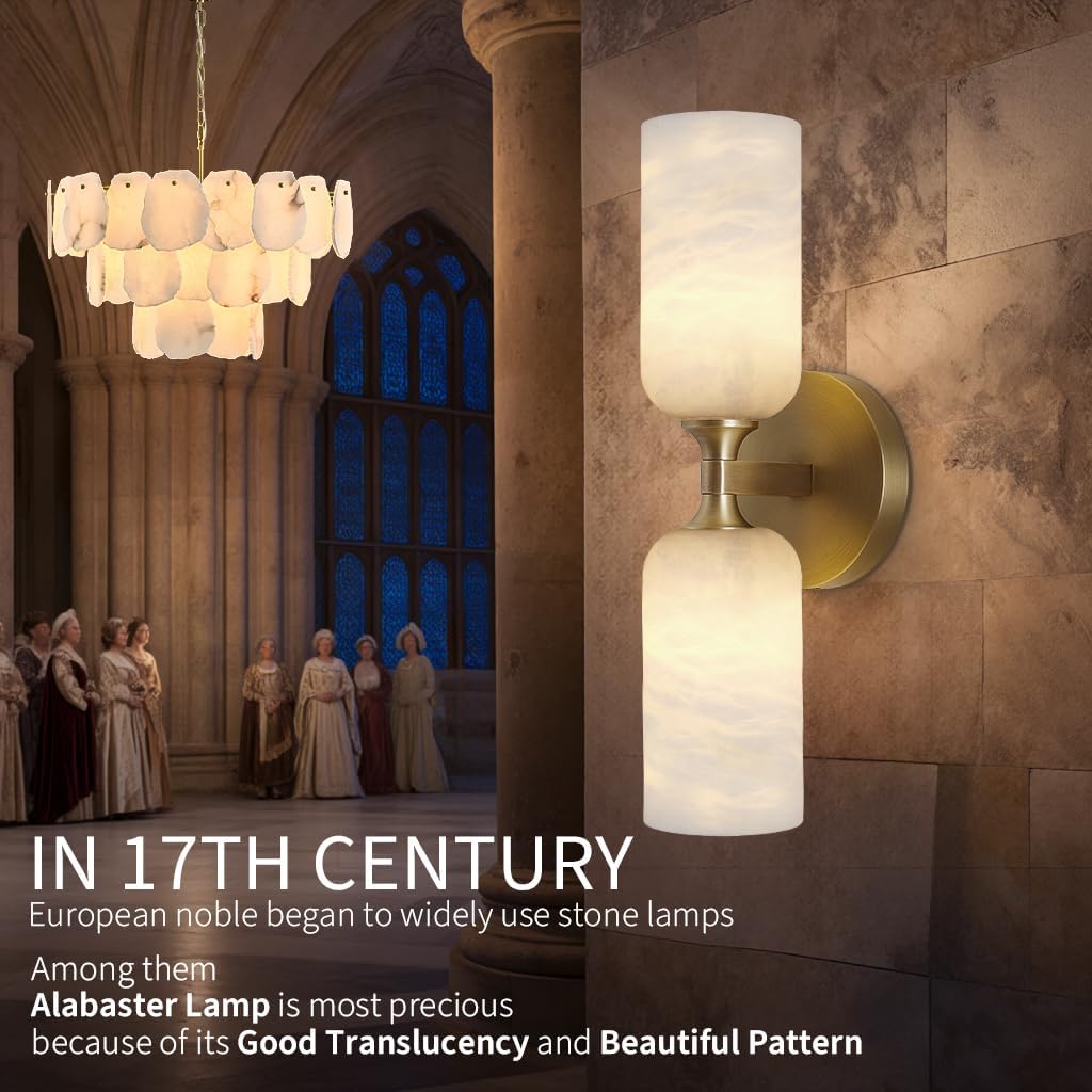 Alabaster Wall Sconces Set of 2, 14in Modern Spanish Natural Marble Vanity Light, Dimmable Hardwired Brass Gold Wall Sconce Lighting for Bathroom Mirror, Bedroom, Luxury Natural Stone Wall Fixtures