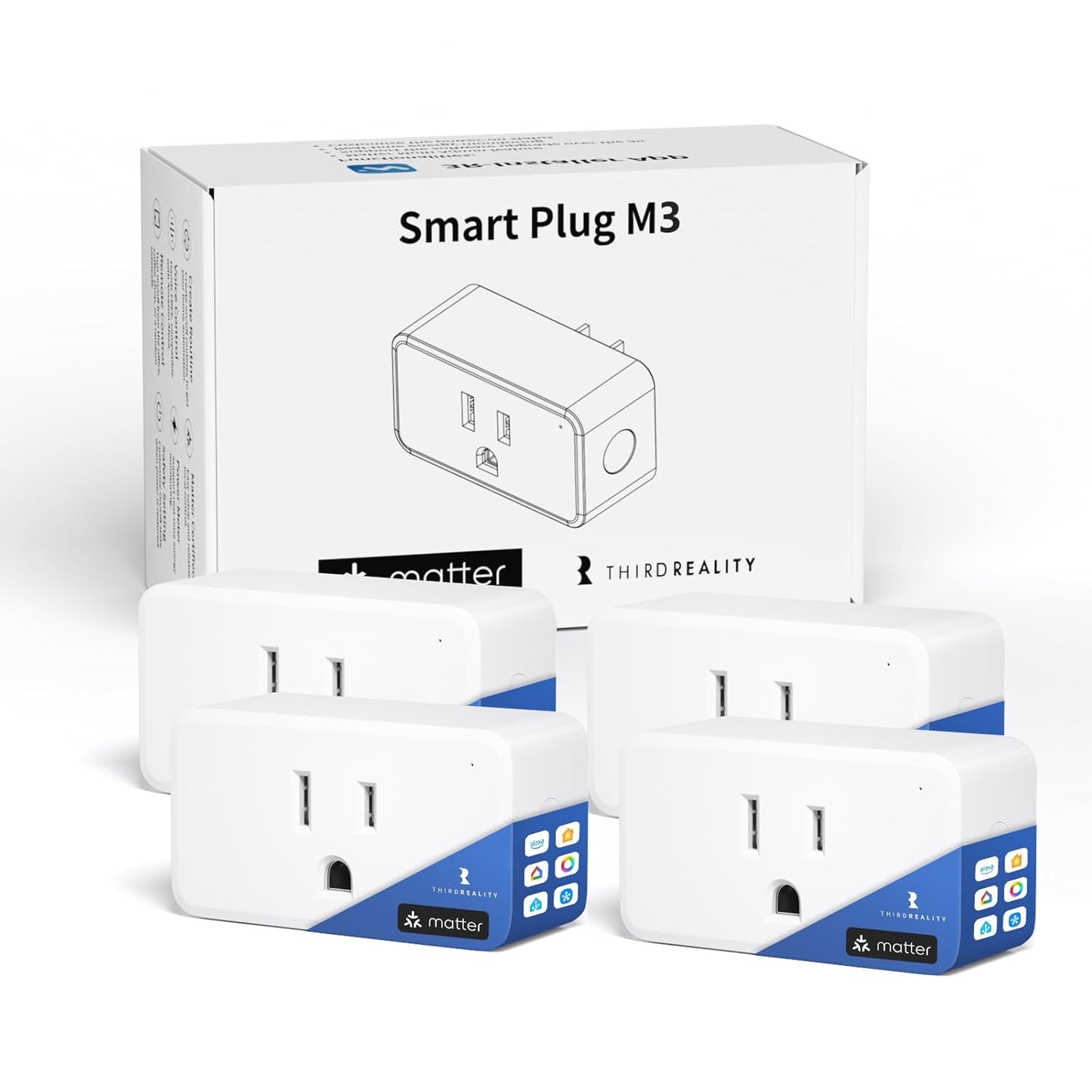 THIRDREALITY Smart Plug M3 4 Pack,Matter Over WiFi,15A/1800W Max,ETL Certified,Compact Design, Work with SmartThings, Apple Home,Alexa,Google, Homey,Home Assistant,No Power Meter,2.4G Wi-Fi Only