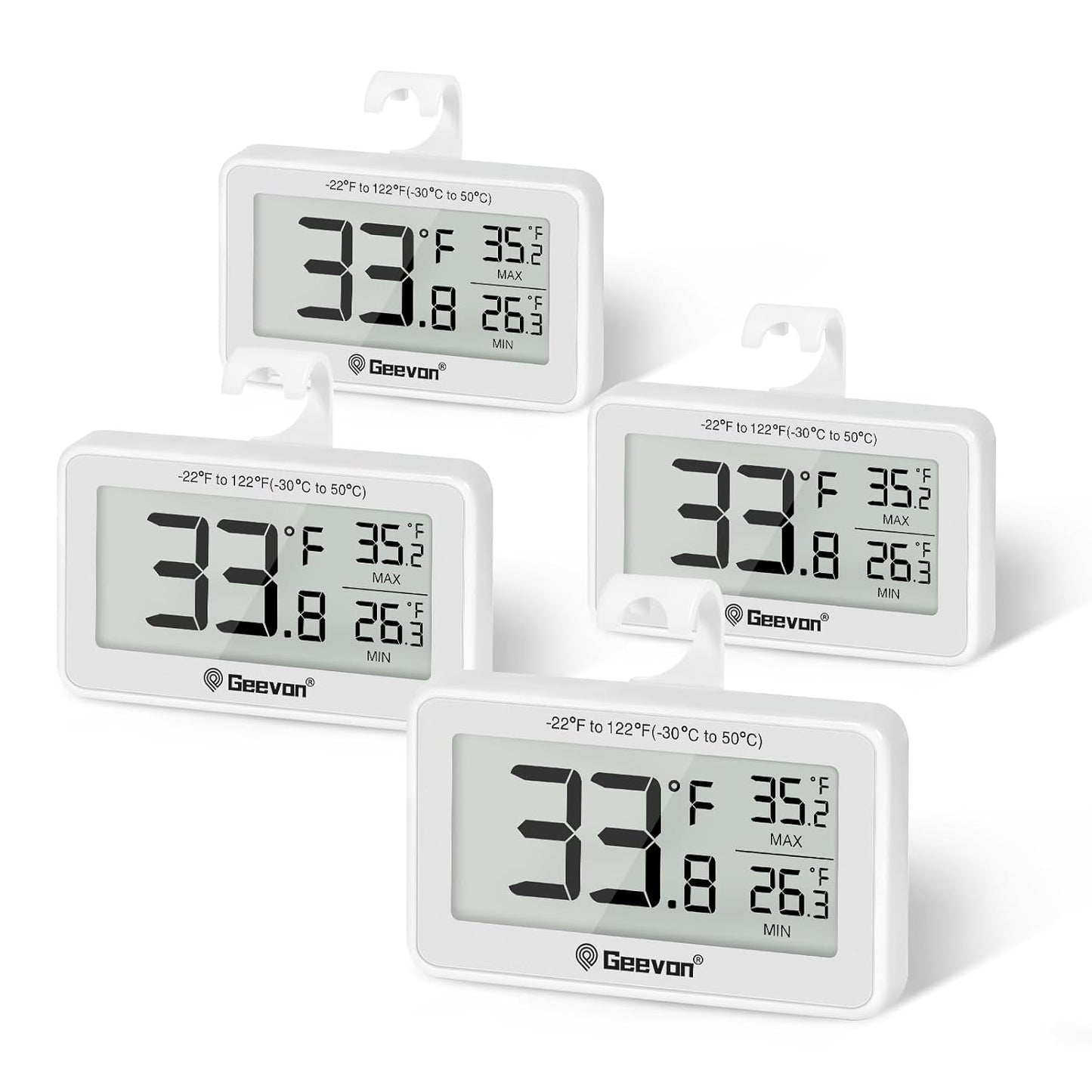Geevon 4 Pack Refrigerator Thermometer Digital Fridge Thermometer IP65 Waterproof with Large LCD Display,Max/Min Record Function,Magnetic Back,for Fridge,Freezer Scenarios