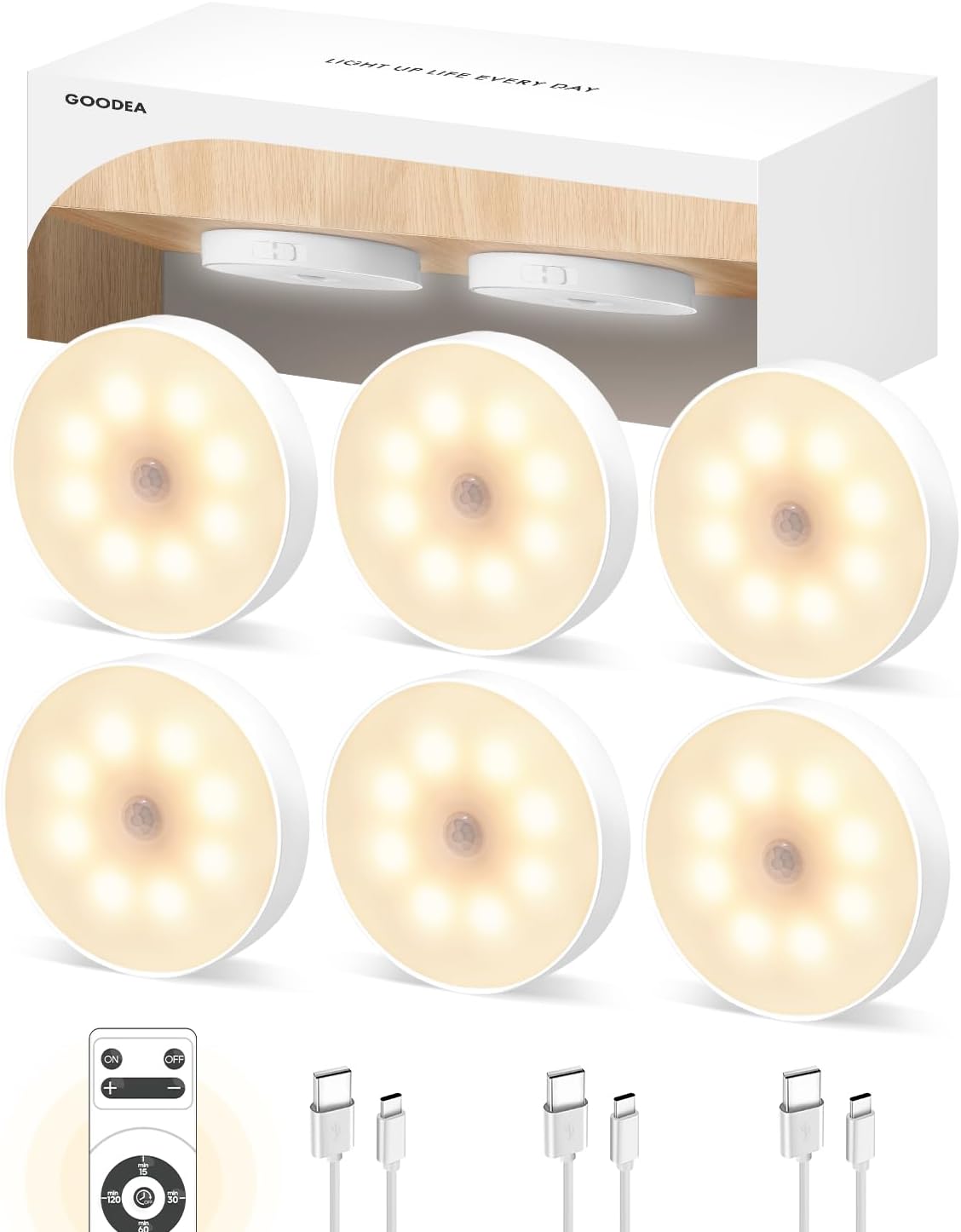 Motion Sensor Night Light, Battery Operated Puck Lights with Remote, Dimmable Warm White Night Light, 3000K Soft Light for Bathroom, Bedroom, Hallway