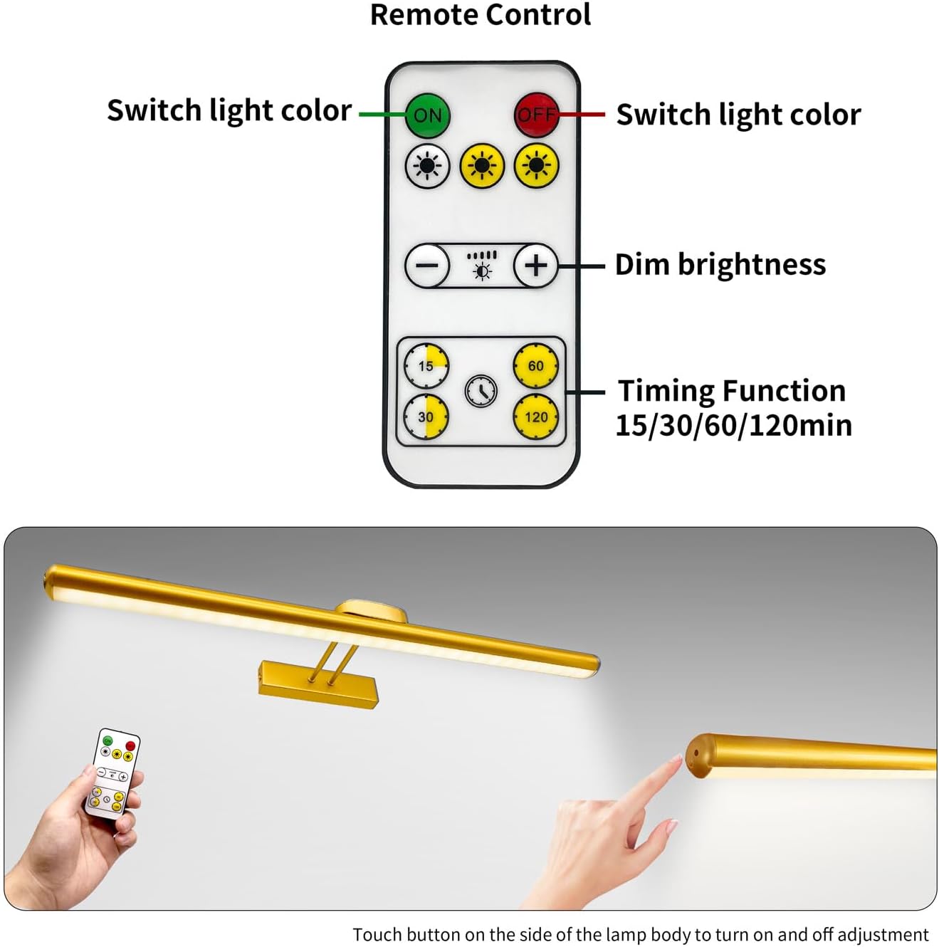 24.4" Wireless Picture Lights, Rechargeable Battery Art Display Light with Remote Control, Dimmable/Timer Off Dartboard Light, 3 Lighting Modes Full Metal Painting Display Lights (Black-2Pack)