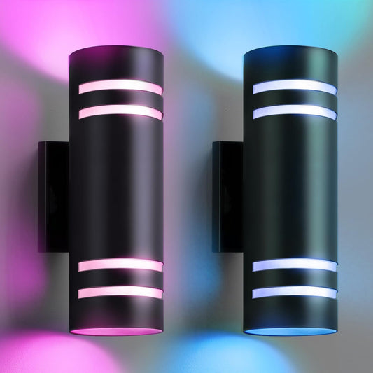 SHIMR Modern RGBCW Outdoor Wall Lights 2 Pack, Color Changing Outdoor Sconce Lights with APP Control, Black Cylinder Exterior Lighting Fixtures Aluminum Up Down Outside Lights for House [ETL Listed]