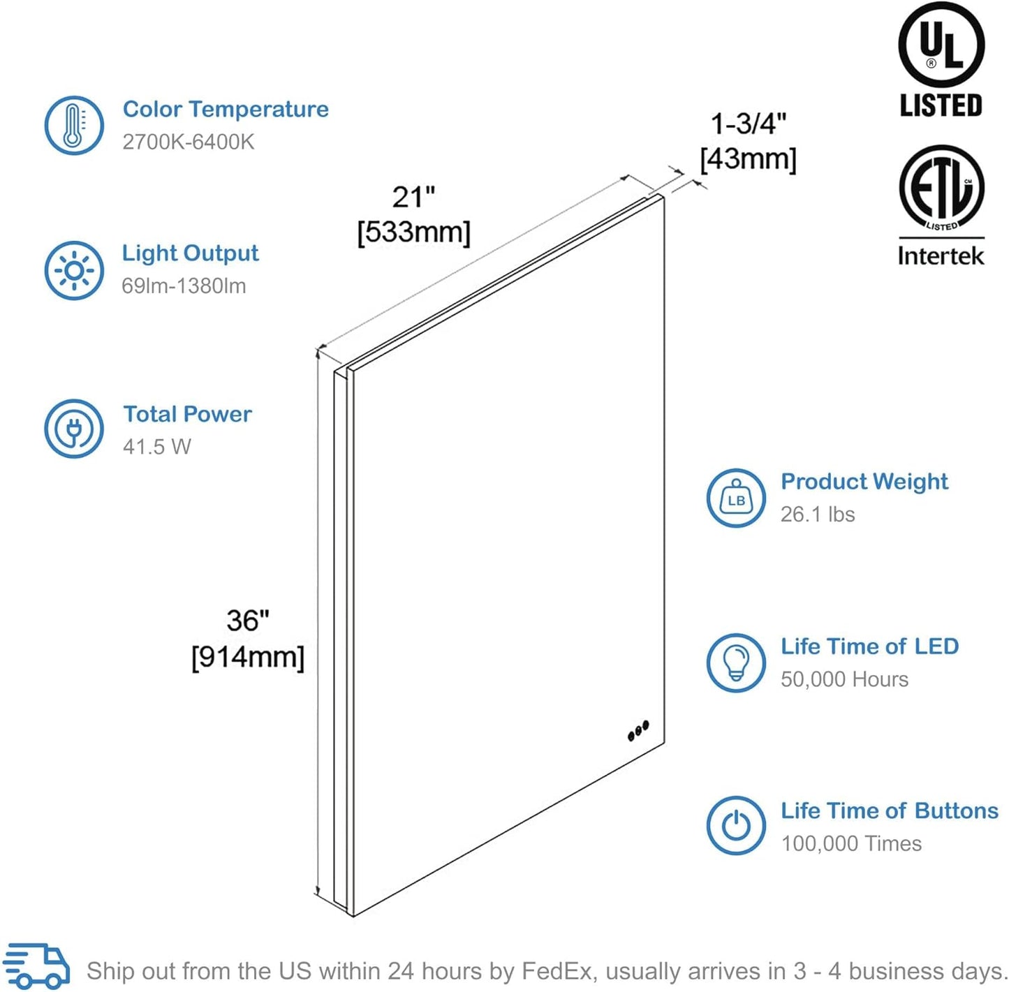 Blossom 21x36 LED Mirror for Bathroom | Backlit LED Vanity Mirror with Anti-Fog, Stepless Dimmable, 3 Color Temperature | Lighted Mirrors for Bathroom Wall | Smart Vanity Makeup Mirror with Lights