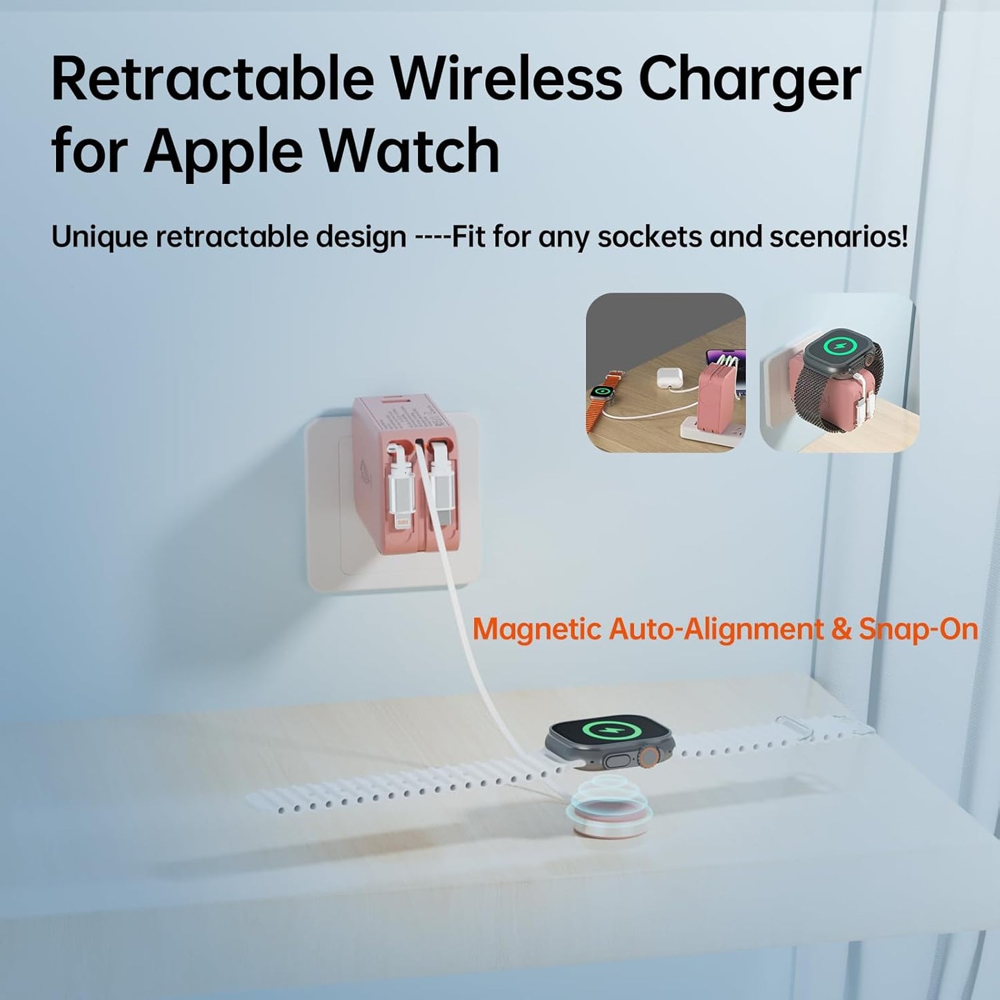 Retractable Apple Watch Charger, 5 in 1 Travel Charging Station for Apple Devices, Retractable Chargers for Multiple Devices with Multi Charging Cable, Charger Block for Apple Gear (Pink)