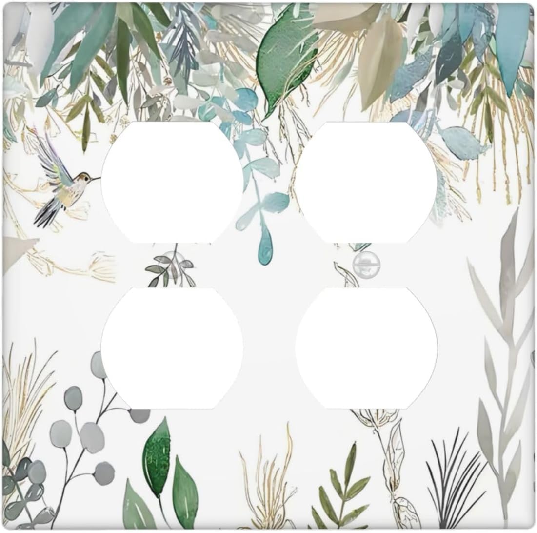 Green Tropical Palm Leaves Flower Plants Hummingbird Outlet Covers 2 Gang Double Duplex Decorative Light Switch Covers Electrical Wallplates Socket Faceplate for Bed Room Living Room Decor