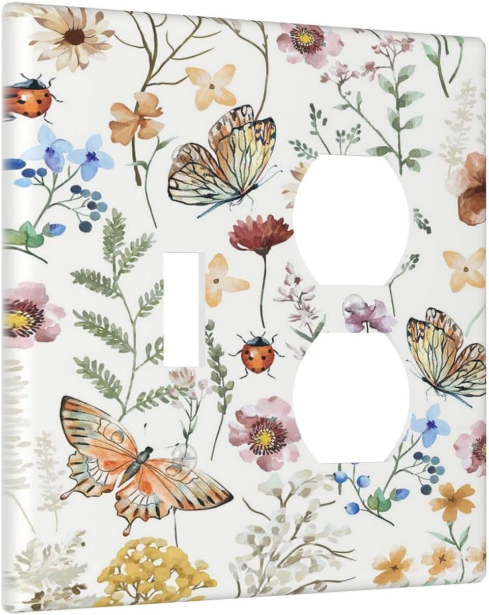 Decorative Outlet Covers Rustic White Butterfly Flowers Leaves 2 Gang Wall Plate Cover Single Toggle Duplex Combo Two Switch Light Switch Cover Plate Jumbo Dual GFCI Faceplate