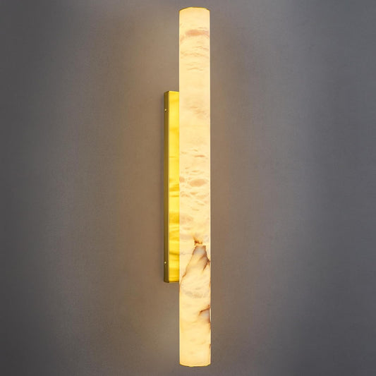 LMQNINE Natural Alabaster Wall Sconces Spanish Marble Wall Light Cylinder Modern Gold LED Sconce for Living Room Bedroom Bathroom Stairs（L-1Pack）