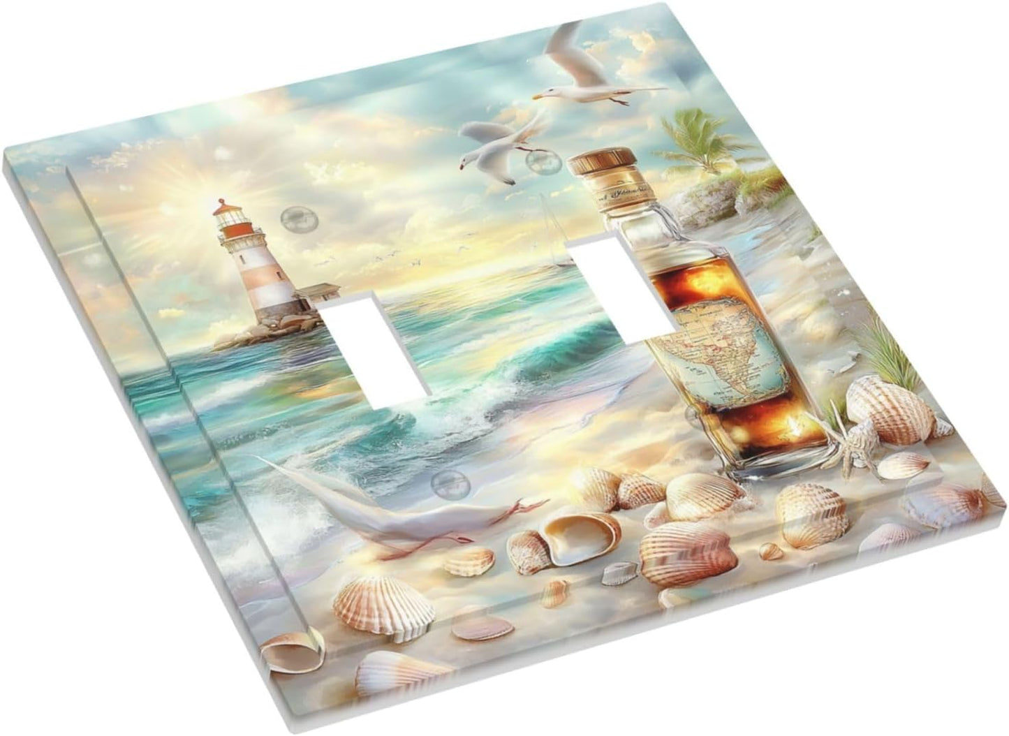 Decorative Switch Plates Beach Ocean Lighthouse Seashells 2 Gang Double Toggle Outlet Light Switch Cover Wall Plate Electrical Faceplate For Bed Room Living Room Decor
