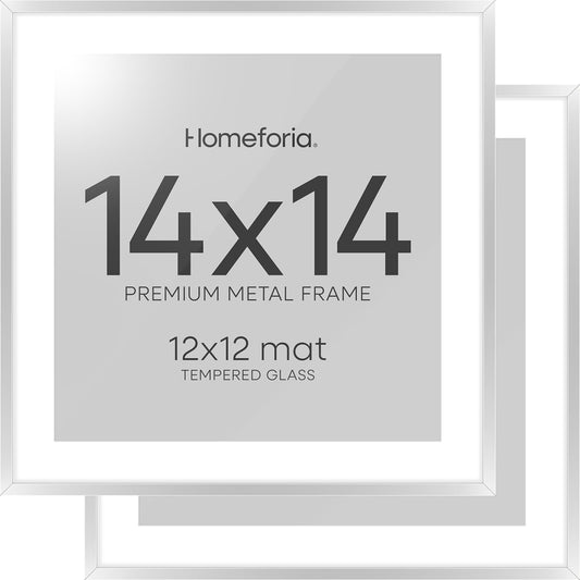 Homeforia Silver 14x14 Picture Frame, High End Metal 14 x 14 Square Frame with Mat 12 x 12 Photo, 14x14 Poster Frames Matted to 12x12 Print, 14 by 14 Hanging Frames, Tempered Glass, Wall Kit, Set of 2