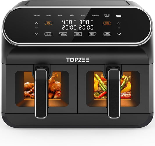 Topzee 8QT Dual Basket Air Fryer – Large 8-Quart Air Fryer with Independent Temperature Control, 8 Preset Functions, Match & Finish Together Mode, Clear Viewing Windows, Black