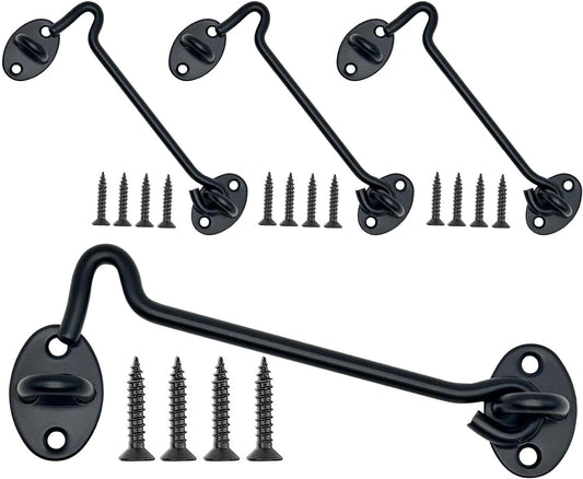 4-Pack 6Inch Door Lock Gate Latch Premium Stainless Steel Hook and Eye Gate Latch Cabin Hook with 16pcs Screws, Black