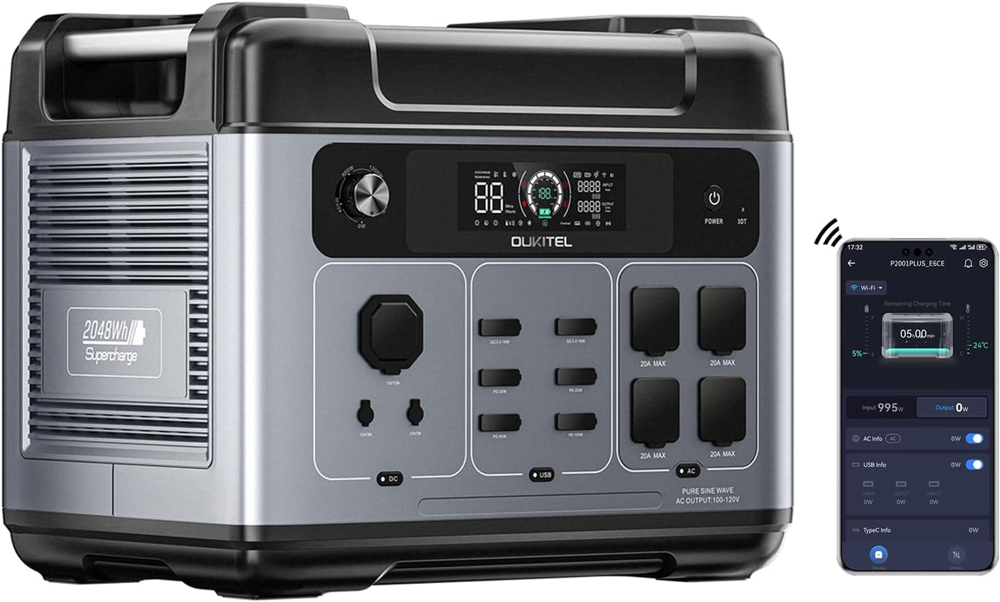 OUKITEL Portable Power Station 2048Wh, 2400W (5000W Surge), Pure Sine Wave AC Outlet, LiFePO4 Battery for Home Backup, Outdoors Camping,Christmas gifts