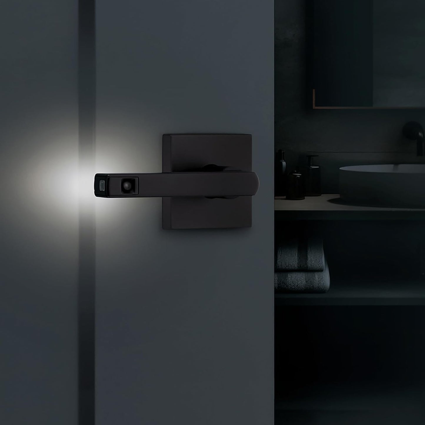 Kwikset Halifax LED Motion Activated Light Up Privacy Door Lever for Bathroom and Bedroom, Matte Black, Reversible Keyless Push Button Lock Door Lever, with Microban Protection