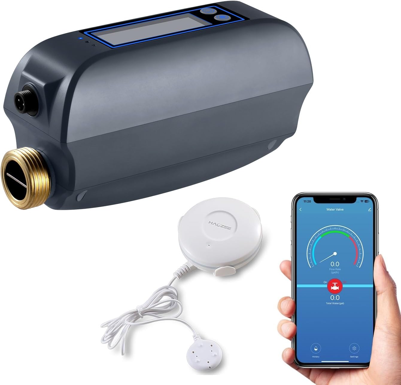 Haozee WiFi Smart Water Valve and Auto Shut-Off, Automation Scene Works with Leak Detector, Water Flow Meter, Built-in Battery, for 3/4" Diameter DN20 Pipe