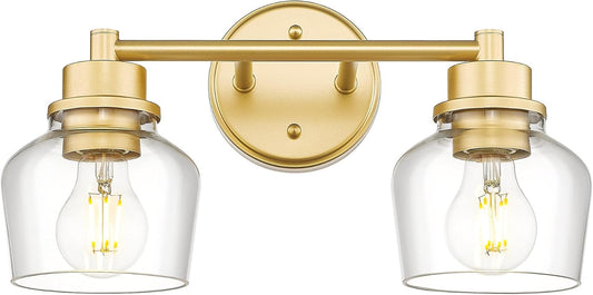 Emak Gold Bathroom Light Fixtures Over Mirror, 2-Light Bathroom Vanity Light with Clear Glass Shade, Modern Vanity Lights Wall Sconces for Bath, Makeup Desk, Mirror, VL122-GD-CG-2