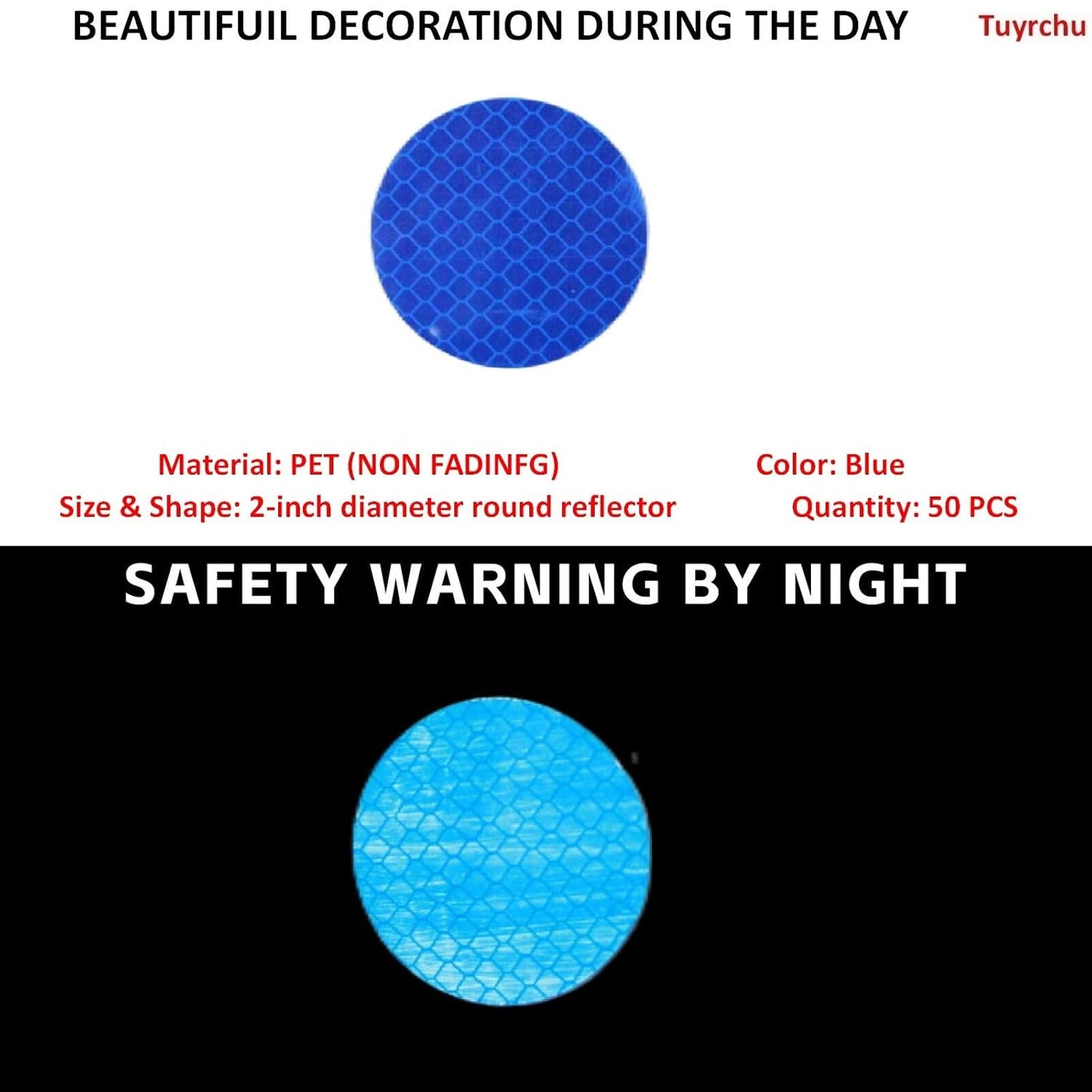 Non Fading Blue Reflective Stickers 2-inch Diameter Round Reflector, Outdoor Waterproof High Visibility Warning Adhesive Tape (50 Pcs)
