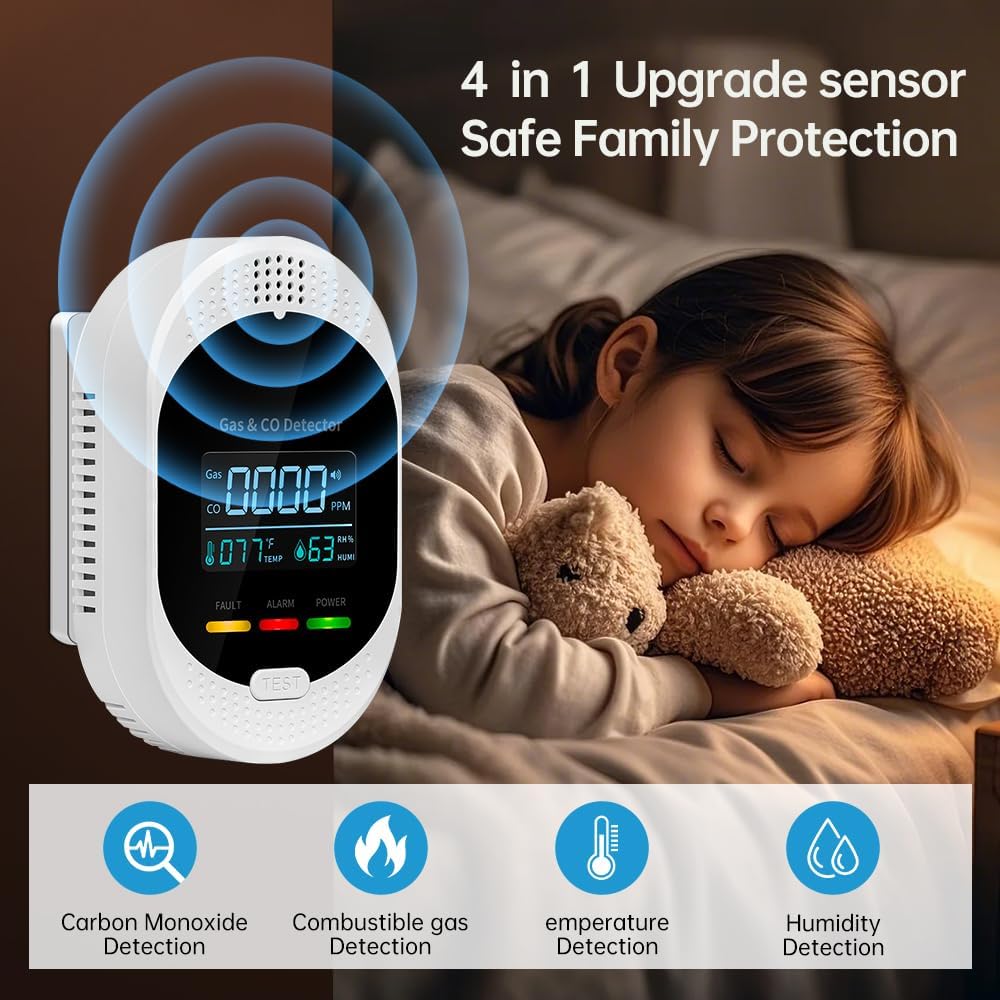 Natural Gas Detector，4-in-1 Carbon Monoxide Detectors Plug in，Combination Gas，Temperature Humidity Display，Carbon Monoxide Detectors & Gas Detector for Home，Apartment，RV