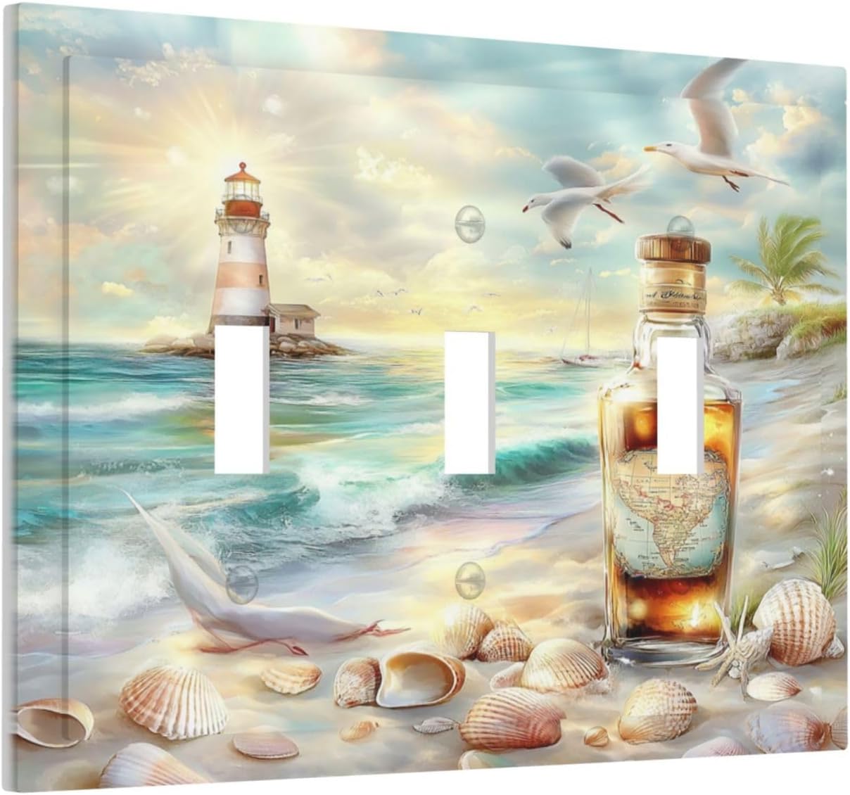 Decorative Switch Plates Beach Ocean Lighthouse Seashells 3 Gang Wall Plate Triple Toggle Light Switch Cover Faceplate Electrical Wall Panels For Bed Room Living Room Decor