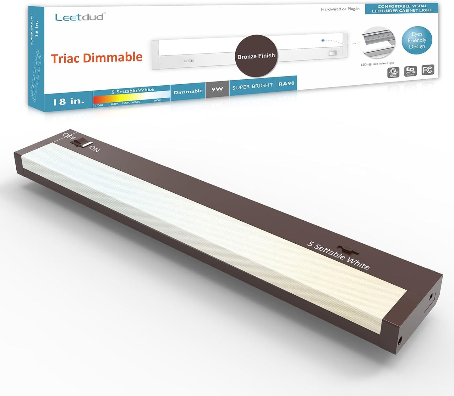 LED Under Cabinet Lighting Hardwired or Plug in, 18 Inch 9W, Dimmable 5 Color 2700K/3000K/3500K/4000K/5000K, Linkable Eyes Care Design Counter Lights for Kitchen, Sink, ETL Listed, Bronze