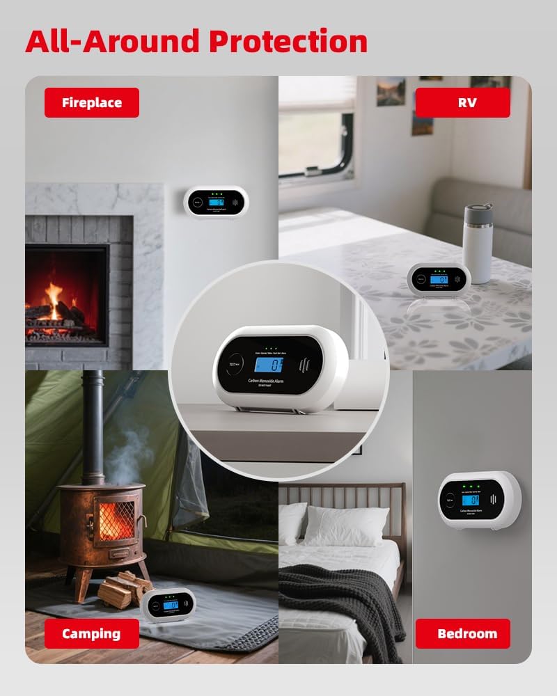 10-Year Battery Carbon Monoxide Detector, Portable Travel CO Detector Alarm for Home, Garage, RV, Camping, LCD Display with Backlight, V-0 Flame-Retardant Housing, Wall Mount or Tabletop
