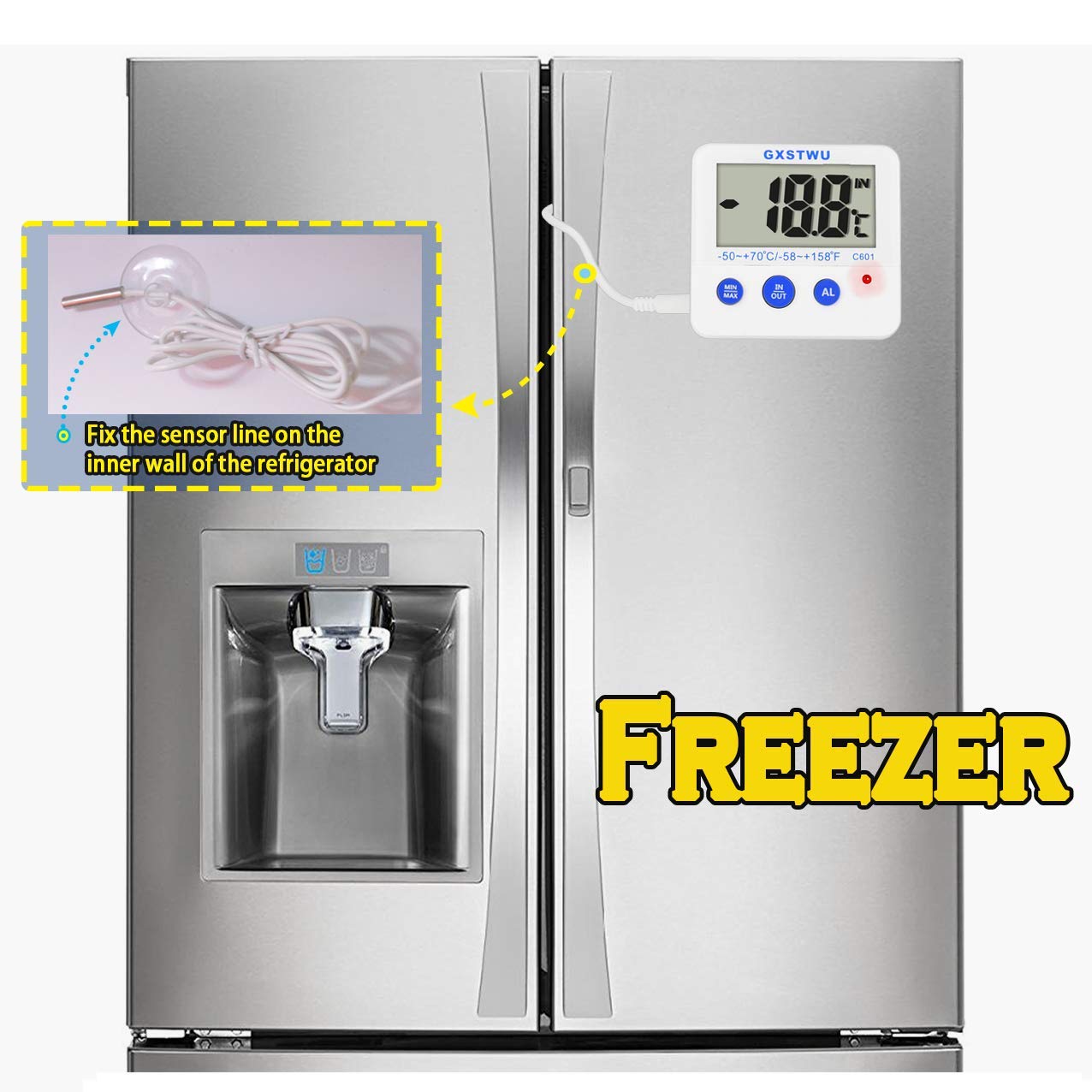 Fridge Freezer Thermometer Max/Min Memory High & Low Temperature Alarms Settings with LED Indicator Digital Refrigeration Thermometer with Magnetic,Stander (WhiteMeter2pack)