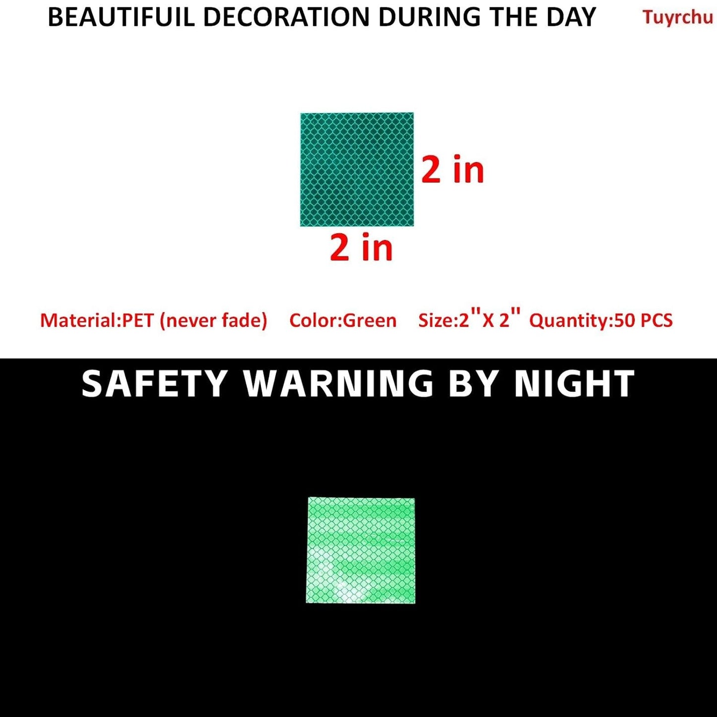 Non Fading Green Reflective Stickers 2 inch X 2 inch, Outdoor Waterproof High Visibility Warning Safety Adhesive Reflector Tape (50 Pcs)