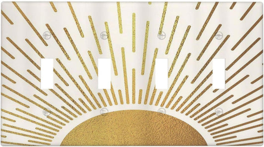 Decorative Light Switch Cover Plate Boho Mid Century Gold Sun Sunbeams 4 Gang Wall Plates for Electrical Outlets Quad Toggle Switch Plate Covers Outlet Covers Faceplate for Home Decor