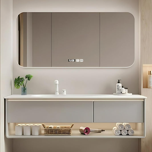 48IN Grey Bathroom Vanity Set - Floating Bathroom Vanity with Single Sink | Including LED Smart Defogging Mirror Cabinet & Time Display Function, Equipped with Motion Sensing Light Strip (Style A)