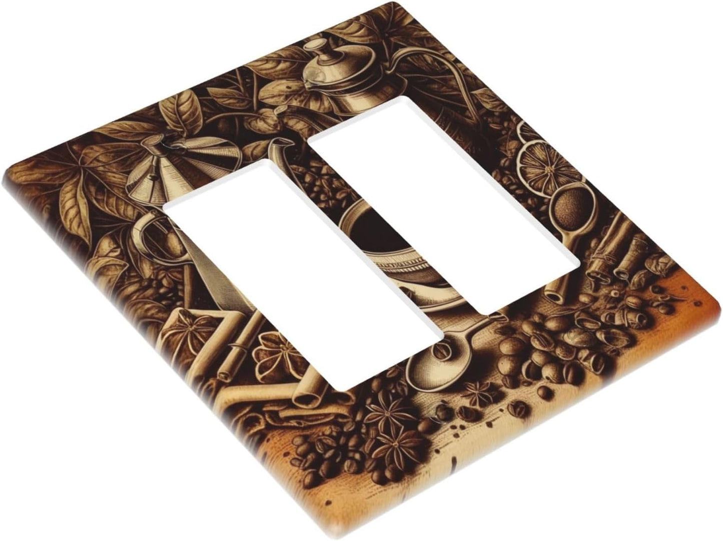 Decorative Outlet Covers Vintage Coffee Beans Leaf Cup 2 Gang Wall Plate Double Rocker Two Switch Wall Cover Plate Jumbo Dual GFCI Faceplate for Kitchen Home Decor