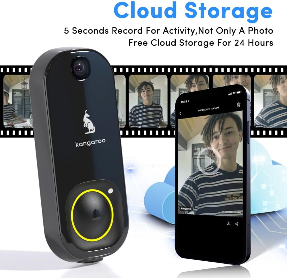Kangaroo Wireless Doorbell+Chime,HD Camera,Easy Setup,Battery Power,Motion Detection,2.4G WiFi,Real-time Alerts to Phone,Door Bell for Home,Apartment and Office (1 Doorbell+1 Chime)