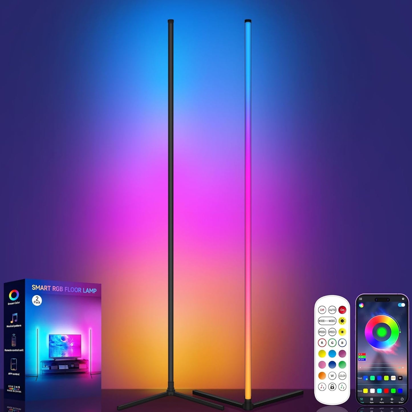 Corner Floor Lamp, RGB LED Corner Lamp with Music Sync, Smart App and Remote Control Color Changing Ambience Light, 16 Million Colors for Bedroom, Living Room Gaming Room (2pcs)