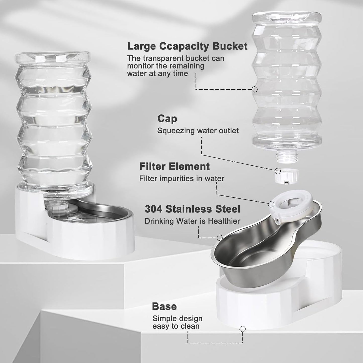 RIZZARI Large Gravity Water Dispenser: 8L Automatic Water Feeder with Stainless Steel Bowl - Two Caps and Filters for 30-60 LB Dogs with Spinal Issues - for Living Room Garage