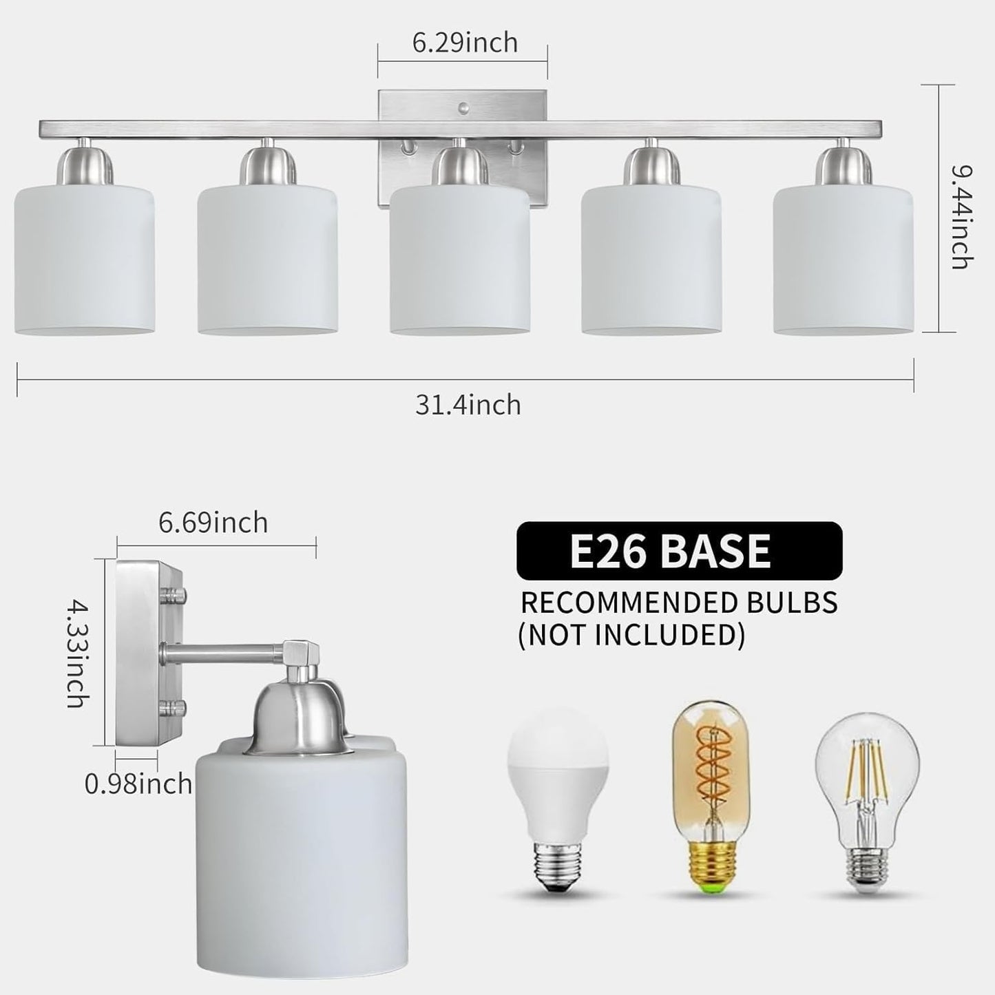 5 Light Bathroom Light Fixtures Brushed Nickel, Bathroom Vanity Light with Milky White Frosted Glass Shade, Vanity Lights for Mirror Bedroom Living Room E26 Base