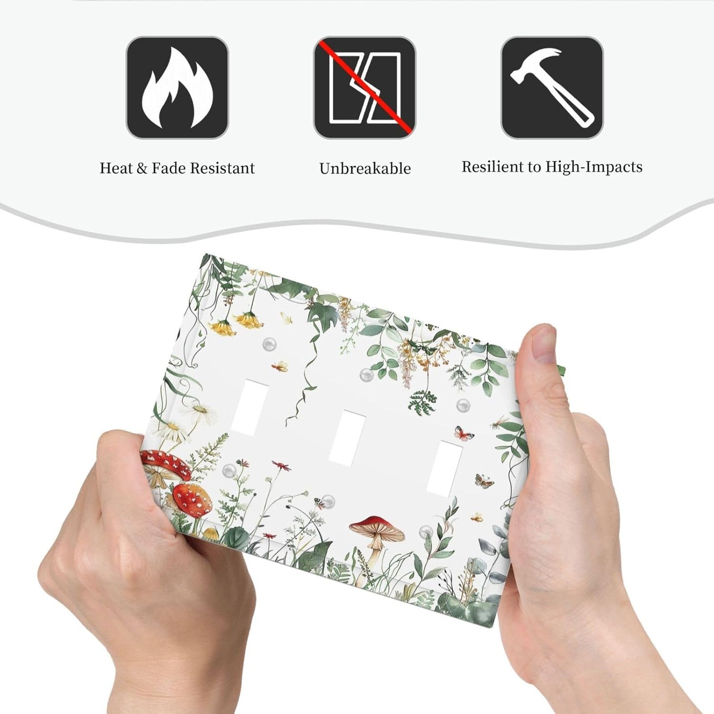 Decorative Switch Plates Sage Plant Red Mushroom Butterfly Wild Flower 3 Gang Wall Plate Triple Toggle Light Switch Cover Faceplate Electrical Wall Panels For Bed Room Kids Room Decor