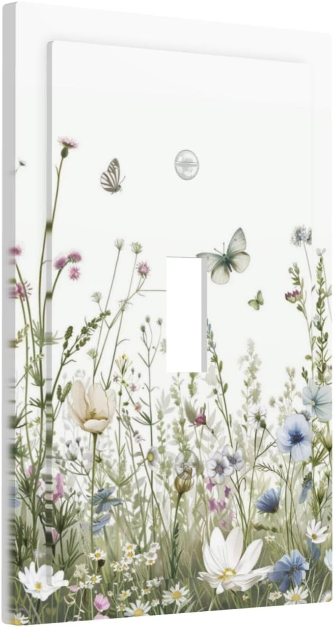 Colorful Wildflowers Daisy Plant Butterfly Floral Decorative Light Switch Cover 1 Gang Single Toggle Device Electrical Faceplate Switchplates Decorator Outlet Wall Plate for Bed Room Living Room Decor