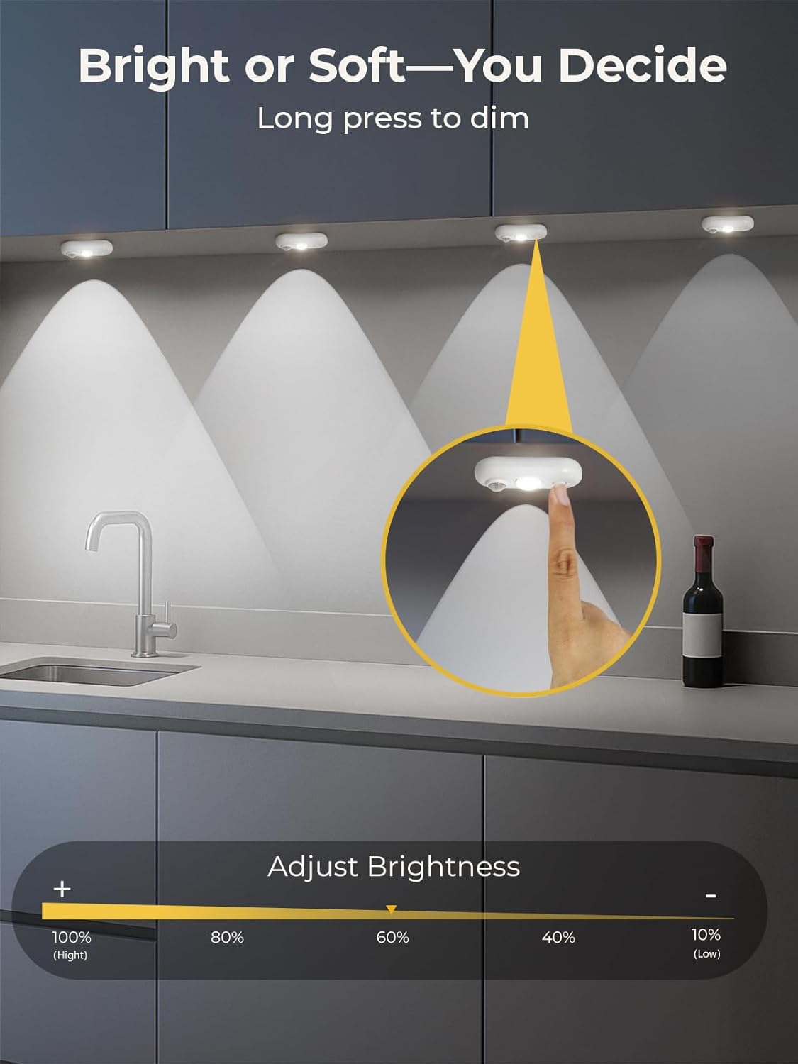 YGS-Tech LED Motion Sensor Light Indoor, Rechargeable Puck Lights, Magnetic Dimmable Under Cabinet Lights, Wireless LED Lights for Closet, Kitchen, Stairs, Daylight White, 6-Pack (White)