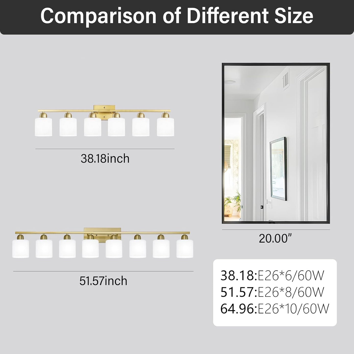 6 Light Gold Bathroom Vanity Light for Large Mirror, Gold Vanity Lights for Bathroom with Milky White Frosted Glass Shades, 38 inch Wall Lamp for Mirrors Living Room E26 Base