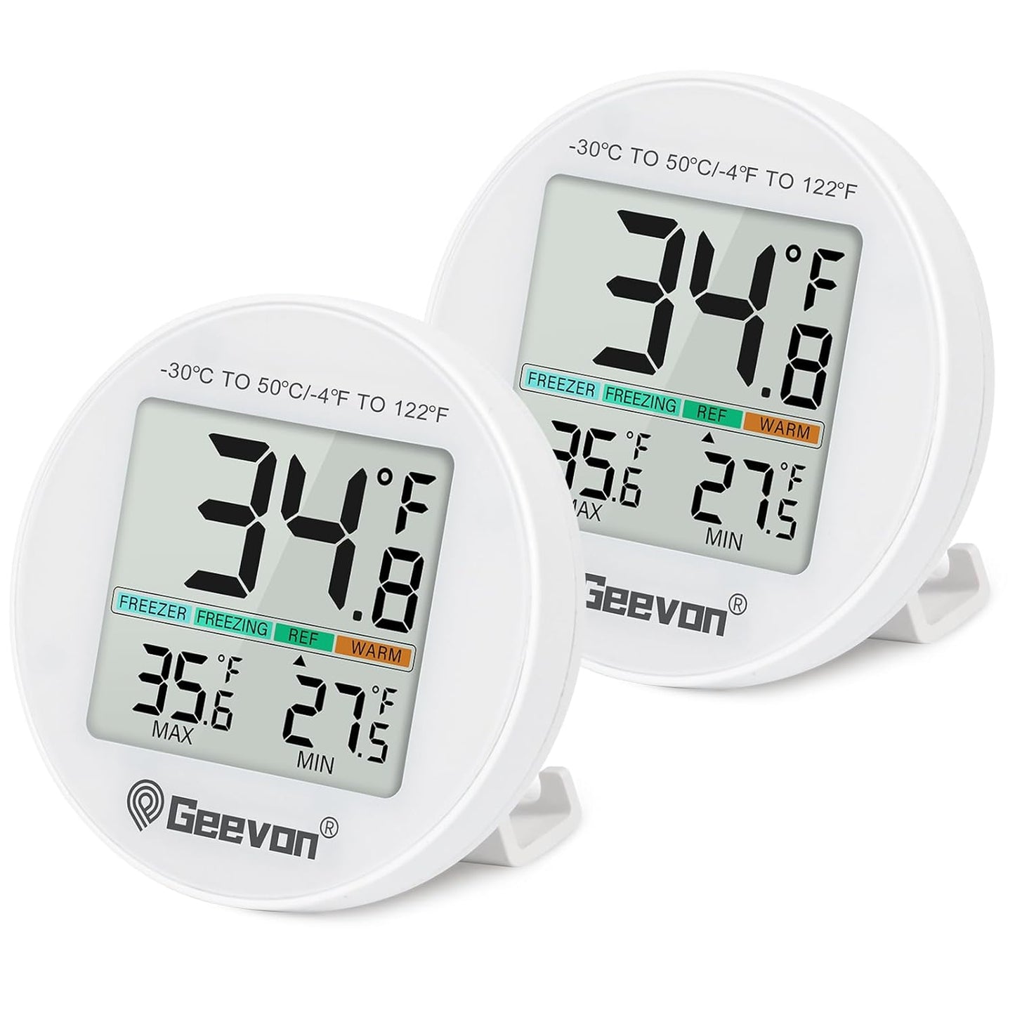 Geevon Small Digital Refrigerator Thermometer 2 Pack, IP65 Waterproof Commercial and Home Use, Max/Min Record Function with LCD Screen, Stand and Magnetic Back, for Fridge, Freezer Scenarios