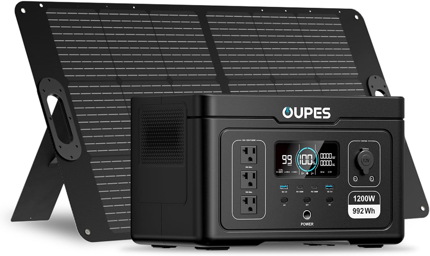 OUPES Exodus 1200 Solar Generator with 100W Panels Included, – 992Wh 1200W LiFePO4 Battery Power Station with Dual PD 140W Type-C, Smart App Control, UPS, Ideal for Camping, RV, Home Emergency