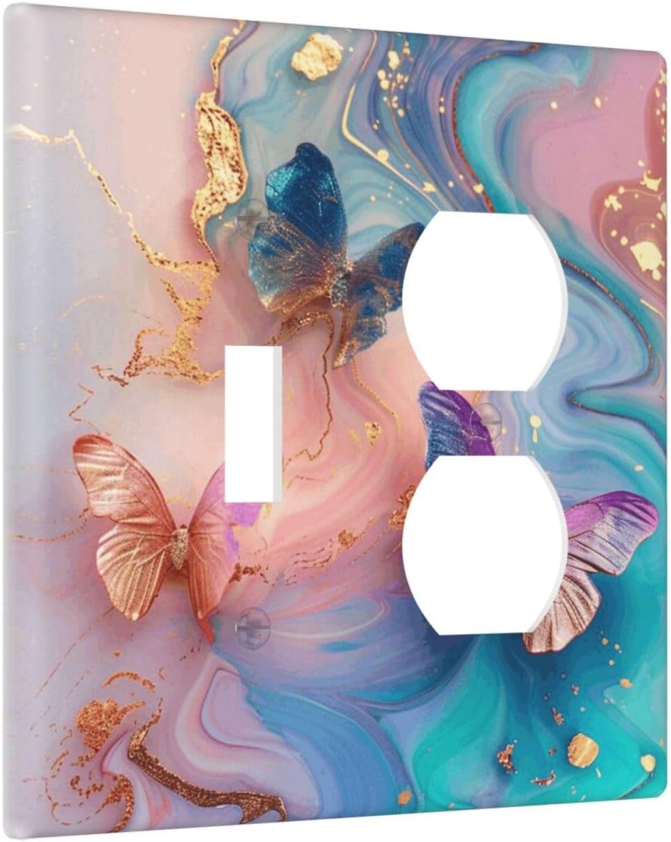 Colorful Marble Butterfly Gold Glitter Abstract Print Wallplates 1 Toggle 1 Duplex Switch Plate Electrical GFCI Faceplate Decorative Light Switch Covers for Bed Room Living Room Decor
