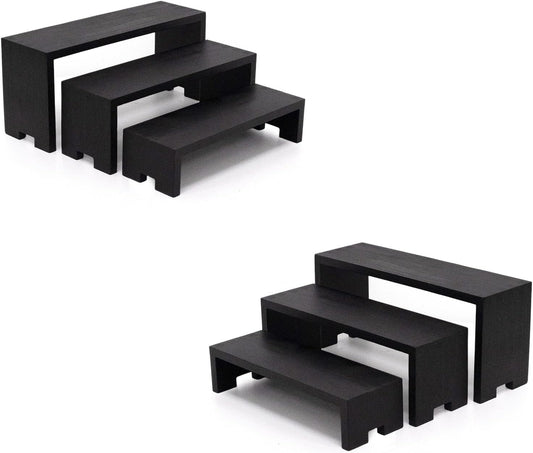 Display Wood Risers Wooden Stand 3 Tier Black Wood Racks Decorative Rectangular, 2 Set 6 Piece Cupcake Stands Cologne Perfume Organizer Dessert Showcase(Black)