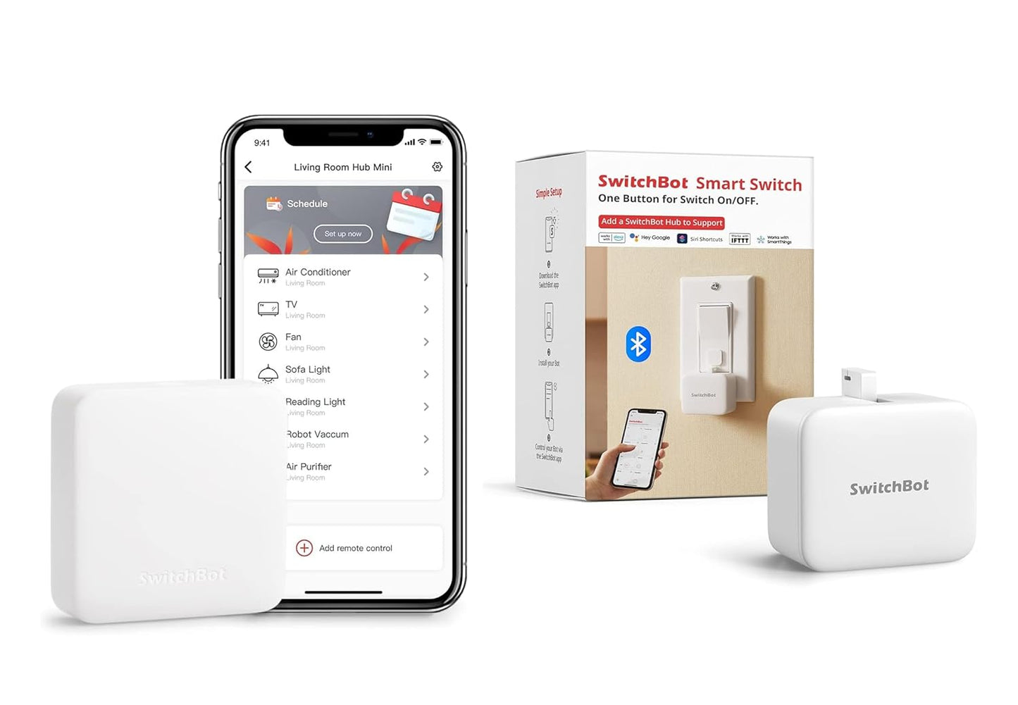 SwitchBot Bot White & Hub Mini Kit: Automate IR Devices & Physical Switches with Alexa/Google Voice Control, App Scenes & Timers.