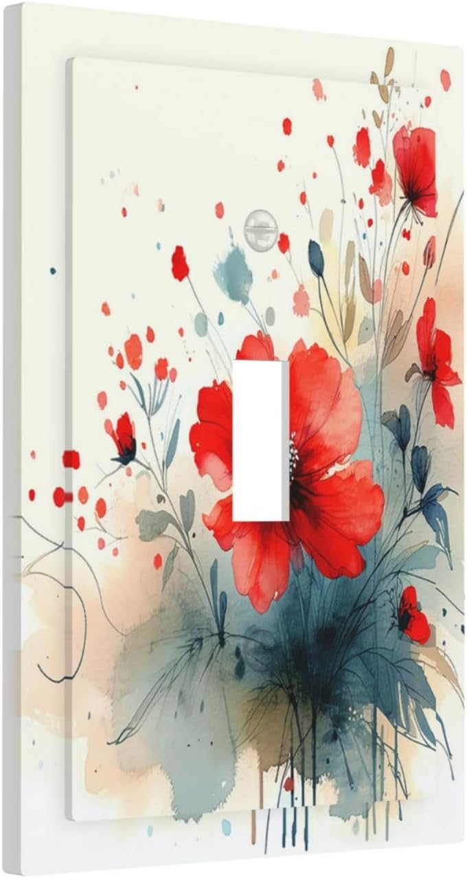Vintage Floral Red Watercolor Modern Decorative Light Switch Cover 1 Gang Single Toggle Decorator Outlet Wall Plate Device Electrical Faceplate Switchplates for Bedroom Bathroom Decor