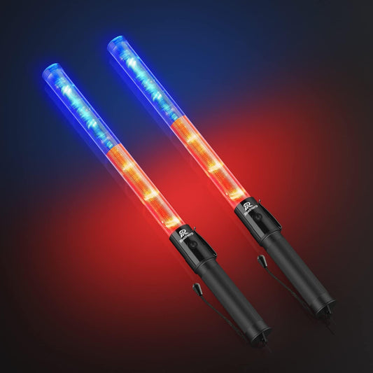 RoadHero 2 Pack 21 Inch Traffic Control Baton, Red and Blue LED Traffic Wand with 3 Flashing Modes, Air Marshaling Signal Wand with Side Clip for Airport, Parking, Car Directing