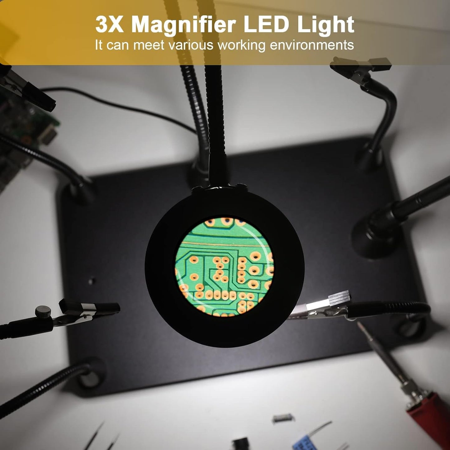 Helping Hands Soldering Circuit Board Holder Magnetic Third Hand Tools with 3X LED Magnifying Lamp, 360 Hot Air Gun Holder, Flexible Metal Arms Heavy Duty Base Electronic Repair Tool Magic Hand