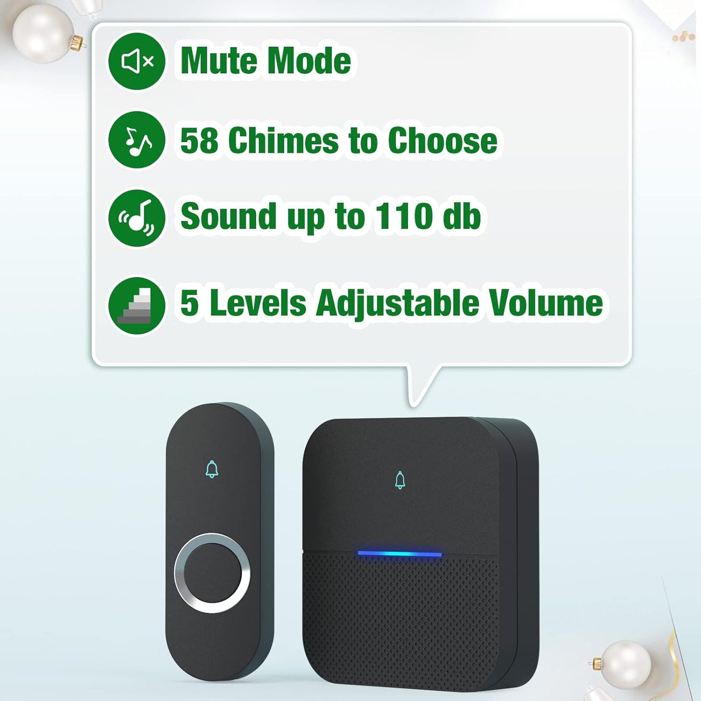 AIDA Lighted Wireless Doorbell, Home Waterproof Doorbell 1,000ft Range, 5 Volume Levels with 58 Doorbell Chimes & LED Flash (Black, Doorbell with 2 transmitters & 2 Receivers)
