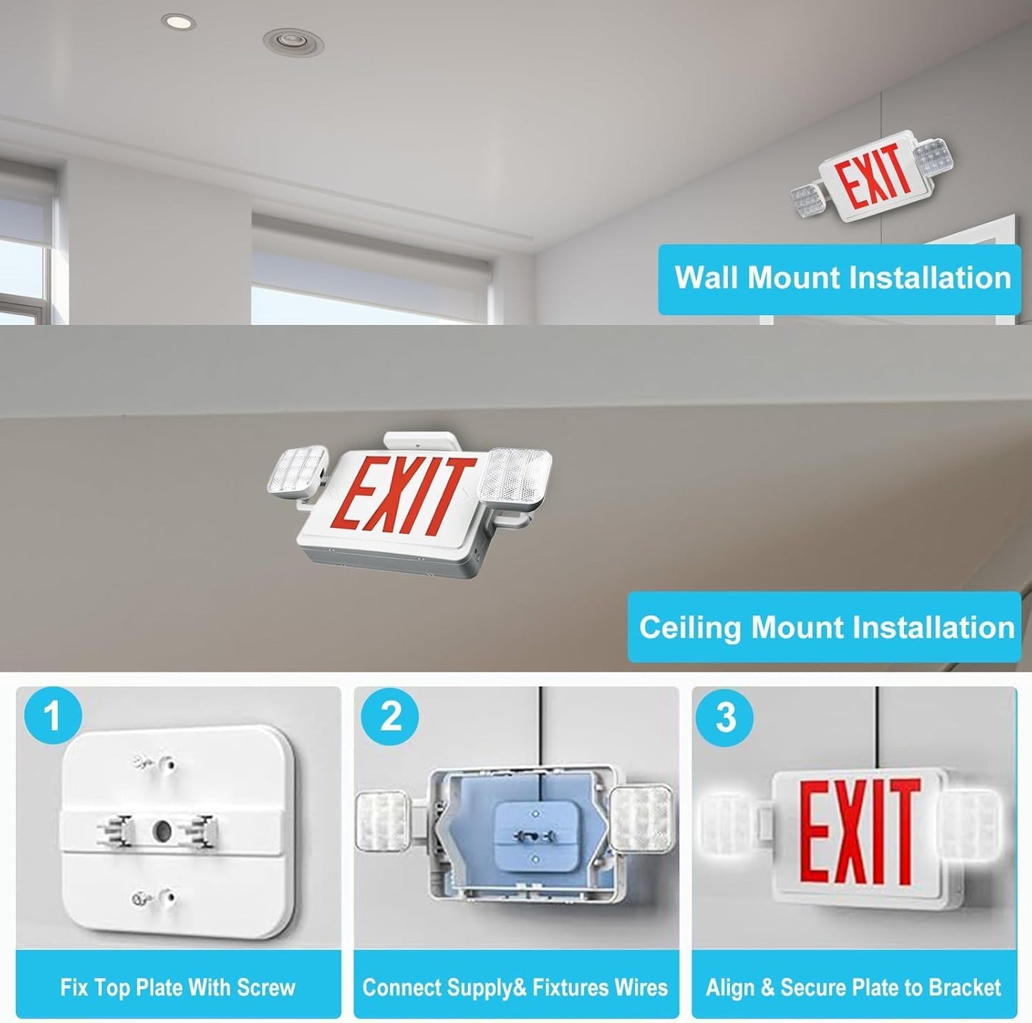Double Sided LED Emergency EXIT Sign, Exit Combo Remote Capable, Two LED Lights, Backup Battery, US Standard Red Letter, Commercial Grade, 120-277V, FireResistant(UL 94V-0) - 1 Pack